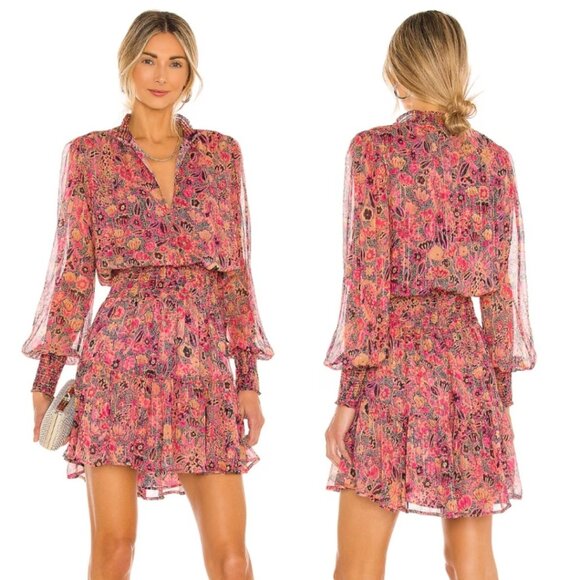 A.L.C Silvie Dress Pink Floral Silk Blend Smocked Waist Ruffle Hem Size 2 - Picture 1 of 15